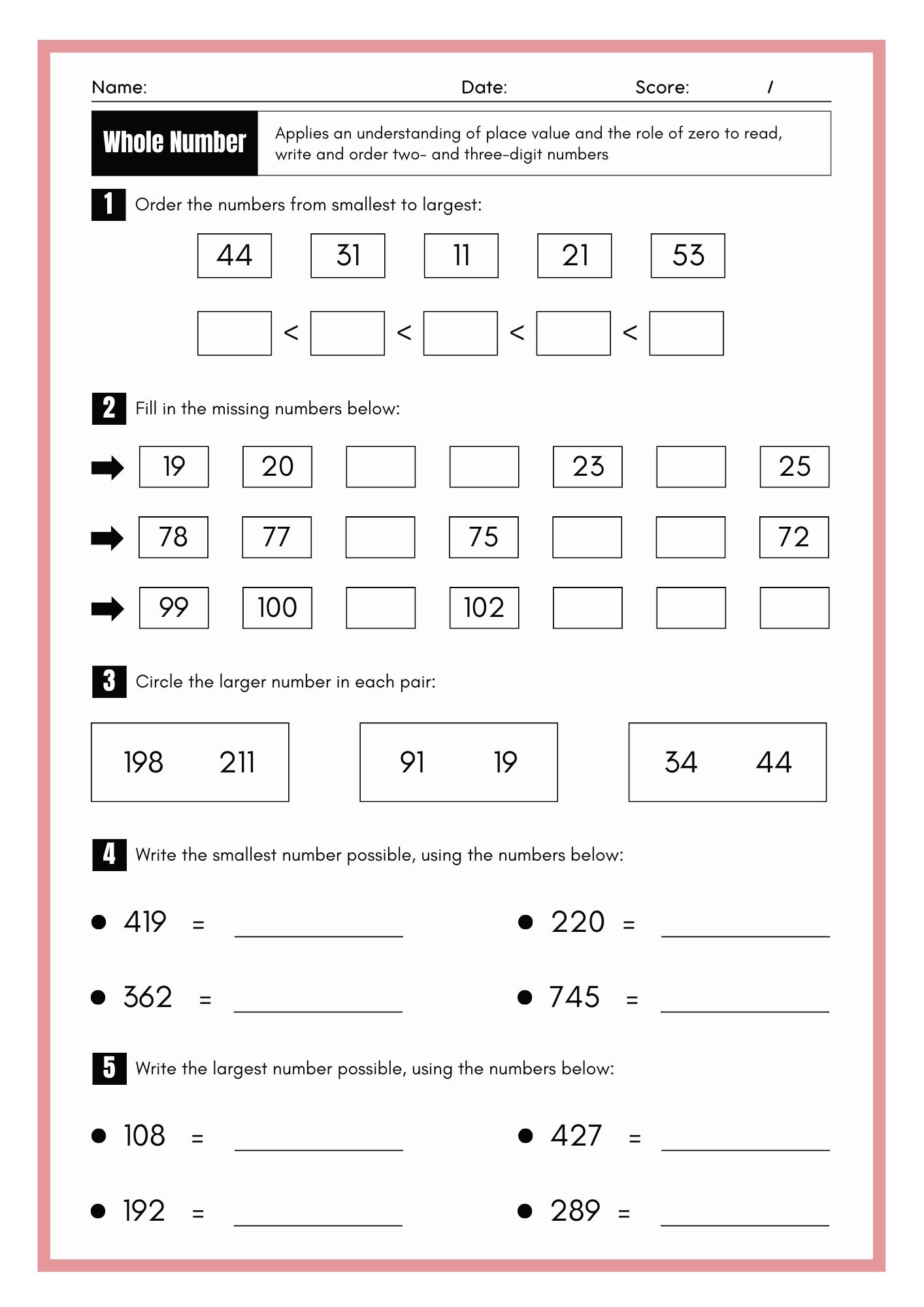 Numbers activity