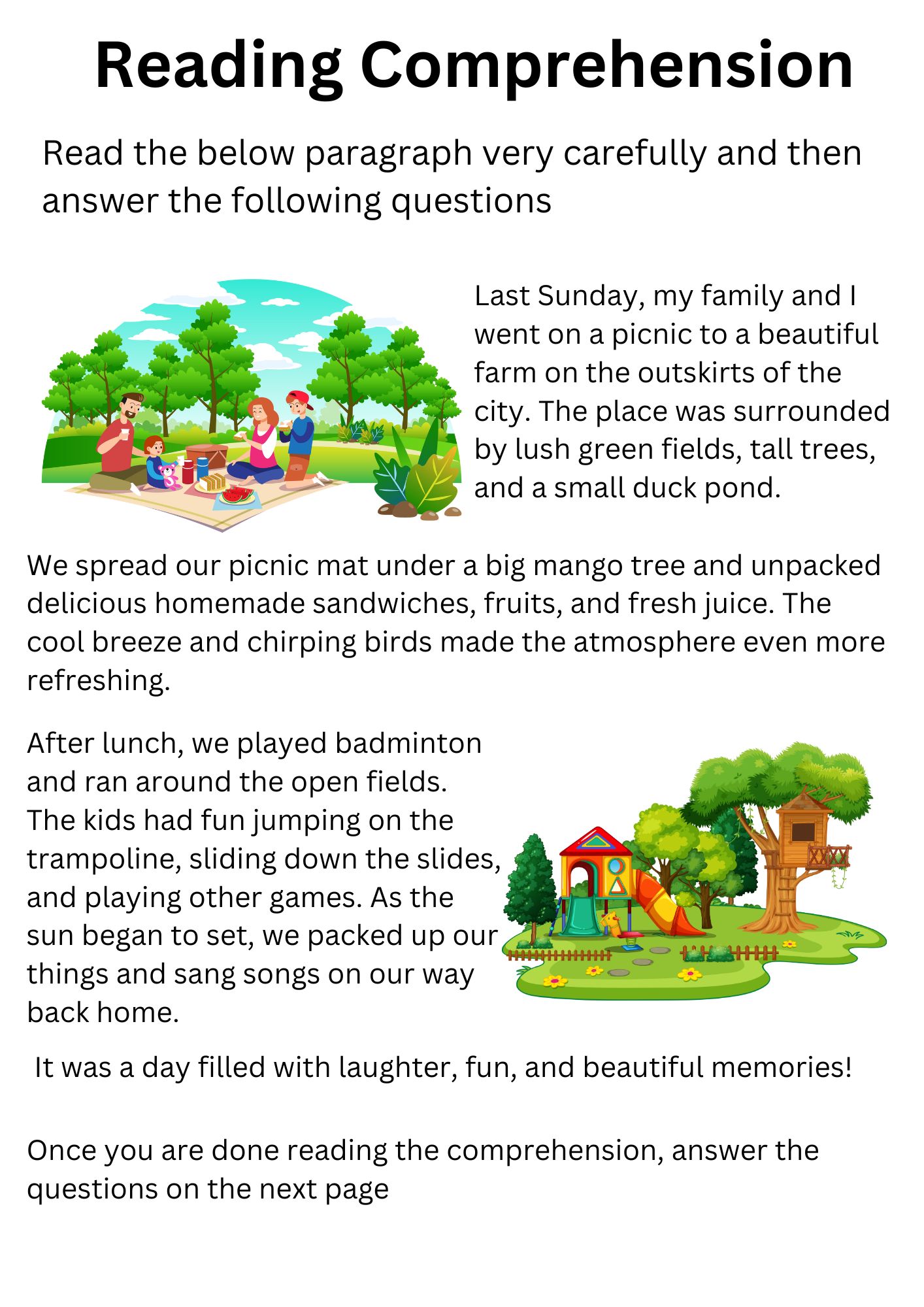 Reading Comprehension - Picnic story